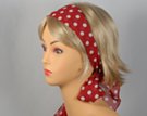 wine headscarf with white polka dots attached to plastic headband