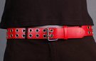 leather belt with double rows of metal eyelets, double prong roller buckle and plain leather retainer