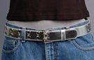 leather belt with double rows of metal eyelets, double prong roller buckle and plain leather retainer