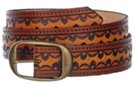 tan embossed medium wide genuine leather belt and bronze buckle