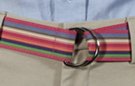 1-1/2" burnished D-ring ribbon belt with tab, 7 color stripe with coral, purple, green and orange