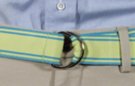 1-1/2" burnished D-ring ribbon belt with plain tip, lime green with powder blue border stripes