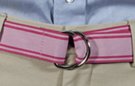 1-1/2" burnished D-ring ribbon belt with plain tip, pink with violet red border stripes