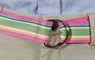 1-1/2" burnished D-ring ribbon belt with tab, 5 color stripe with pink, green, yellow and blue