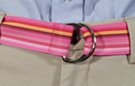 1-1/2" burnished D-ring ribbon belt with tab, 6 color herring-bone stripe with pinks, yellow and maroon