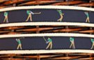 fabric web belt with leather tabs, gold-tone buckle, attached navy blue strip with embroidered golf swing figures
