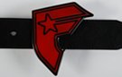 red and black enameled famous star and strap belt buckle