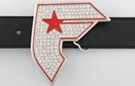 curved "F" belt buckle covered in rhinestones with star