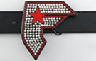 curved "F" belt buckle covered in rhinestones with star