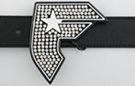 curved "F" belt buckle covered in rhinestones with star