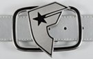 textured chrome famous star belt buckle over oblong frame
