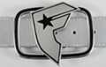 textured chrome famous star belt buckle over oblong frame
