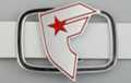textured chrome "F" with star belt buckle over oblong frame