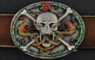 painted snakes, skull and crossbones pewter belt buckle