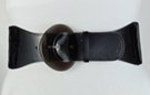 smoky acrylic comet head buckle on black glossy tabbed fashion stretch belt