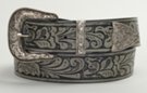 western pin buckle on gray embossed leather-look belt strap