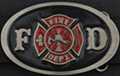 black and red oval Fire Department belt buckle with Maltese cross