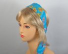 pink and blue flowers on blue chiffon belt scarf attached to plastic headband