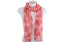 multi-hued coral fringe scarf with floral profusion print