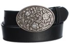 black leather-look belt with oval rhinestone western buckle