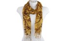 brown and yellow fringe scarf with floral swirl print