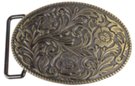 oval brass western belt buckle, floral relief pattern