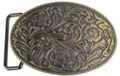 oval brass western belt buckle, floral relief pattern