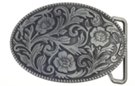 oval pewter western belt buckle, floral relief pattern