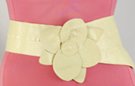 wide yellow vinyl belt with big flower buckle and topstitching