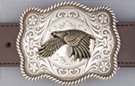 rectangular flying eagle western belt buckle, brass on nickel field