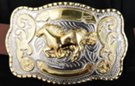 silver and gold tone galloping horse western belt buckle