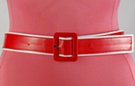 medium width red vinyl belt with center bar buckle and white border
