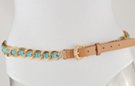 gold chain belt with tan leather tab and banded aquamarine inset round beads
