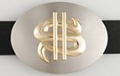 chrome oval dollar sign belt buckle with hooked "S"