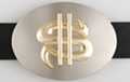 chrome oval dollar sign belt buckle with hooked "S"