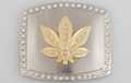 gold marijuana leaf with rhinestones on chrome belt buckle