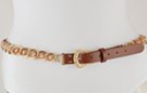 gold chain belt with brown leather tab and pink and gold "imperfect perl" inset beads