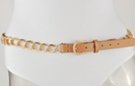 gold chain belt; double links, one smooth, the other stippled; tan leather tab with gold buckle