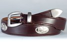 smooth leather belt with five golf-themed silver-tone conchos, nickel brush buckle, belt tip and keeper