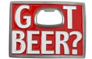 red "Got Beer?" belt buckle with opener