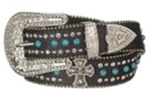 black gothic cross concho turqouise and rhinestone studded leather belt