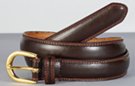 medium width double stitch leather dress belt, gold-tone U-bolt buckle with leather keeper