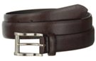 glossy brown feather edge leather dress belt with grain finish, rectangular nickel polish buckle and leather keeper