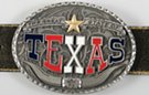 oval pewter belt buckle with "Texas", star and longhorn horns
