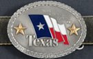 oval belt buckle with Texas state flag and gold stars