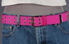 1-1/2" fuchsia double grommet web belt with nickel polish double prong roller buckle, faux leather tab and retainer, metal tip