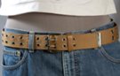 1-1/2" khaki double grommet web belt with nickel polish double prong roller buckle, faux leather tab and retainer, metal tip
