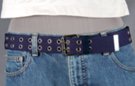 1-1/2" navy blue double grommet web belt with nickel polish double prong roller buckle, faux leather tab and retainer, metal tip