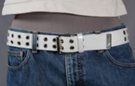 1-1/2" white double grommet web belt with nickel polish double prong roller buckle, faux leather tab and retainer, metal tip