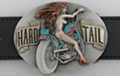 oval painted pewter "Hard Tail" motorcyle belt buckle with naked red-head
